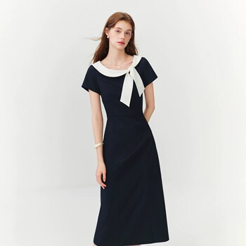 ແບບວິທະຍາໄລ french navy collar contrast color bow waist commuting dress women 2026 summer new mid-length skirt