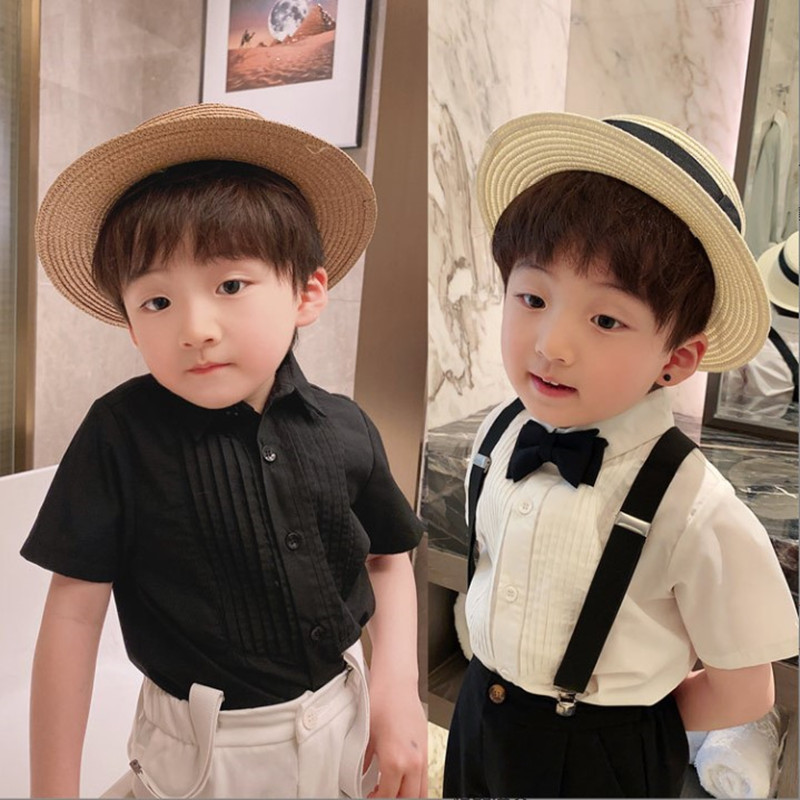 Children White Shirt Han Version Boy Folds Shirt Spring Summer Show Middle Boy Suits Foreign Pie short sleeves Undershirt Tide