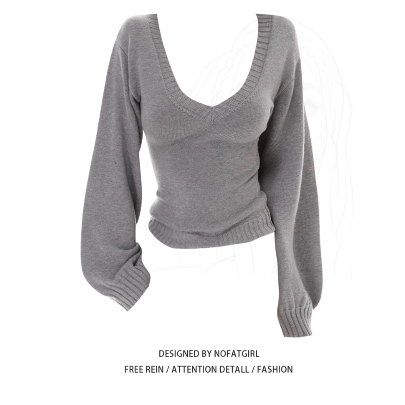 Plus-Size American-Style Spicy Girl V-Neck Long-Sleeve Knit Sweater for Women, Autumn Gray Slim-Fit Versatile Sexy Sweater Top
