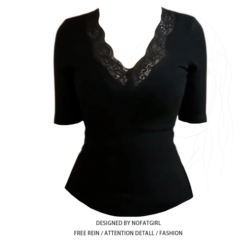 Plus-Size Lace-Trimmed V-Neck Short-Sleeve T-Shirt for Women, 2026 Summer New Unique and Beautiful Top