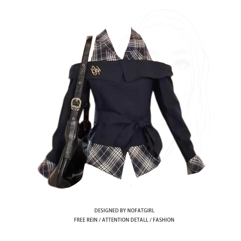 Plus-Size Fat Girl's High-End Korean-Style Halter-Neck Plaid Patchwork Long-Sleeved Shirt for Women, Autumn Design Off-Shoulder Top