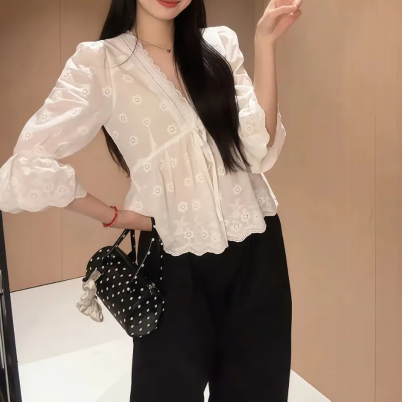 Plus Size Unique and Beautiful White Embroidered Lace V-Neck Shirt for Women, New Summer Style, Pure and Beautiful Top