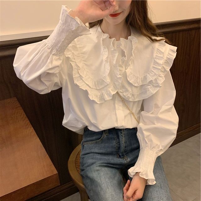 Plus Size Women's Spring 2026 New Design Ruffle Collar Shirt Slimming Puff Long Sleeve White Blouse Top