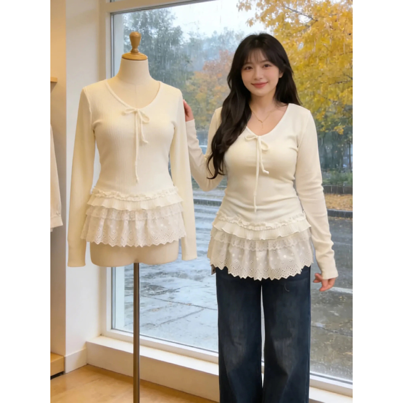Plus Size Pure and Alluring Style Bow V-Neck Long-Sleeve T-Shirt for Women, 2026 Spring Lace Splicing Ruffle Inner Layer Base Shirt