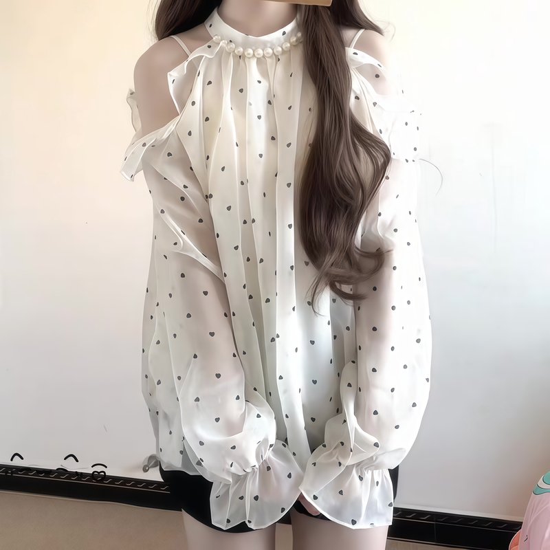 Plus-Size Korean-Style Halter Neck Off-Shoulder Long-Sleeve Chiffon Blouse for Women, Summer Thin French-Style Elegant and Stylish Top