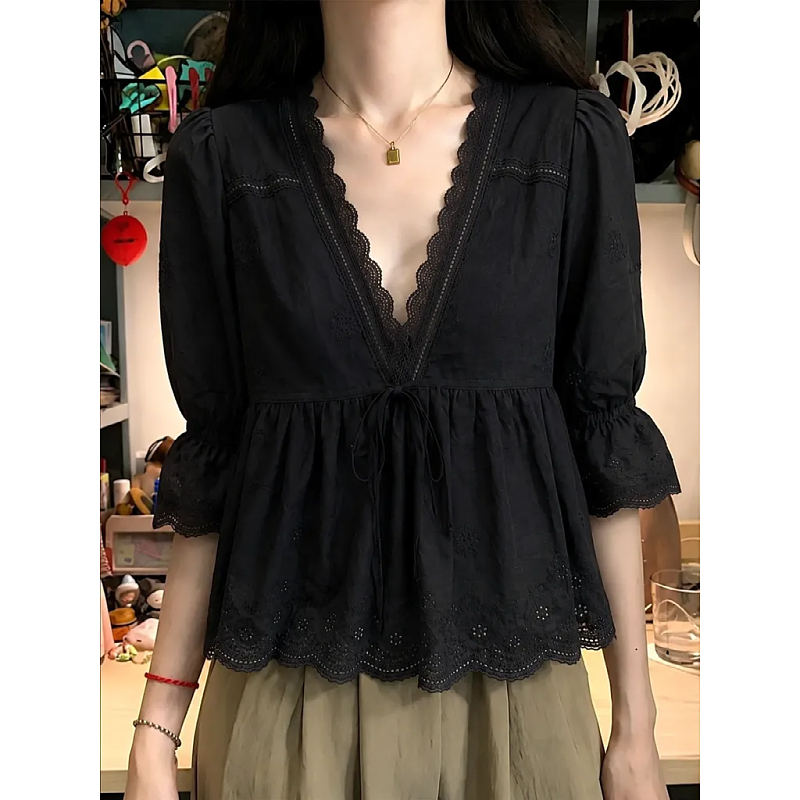 Plus-Size Korean-Style Gentle Hollow-Out V-Neck Lace Embroidered Mid-Sleeve Shirt for Women, New Summer Slimming and Elegant Top Plus-Size Korean-Style Gentle Hollow-Out V-Neck Lace Embroidered Mid-Sleeve Shirt for Women, New Summer Slimming and Elegant Top