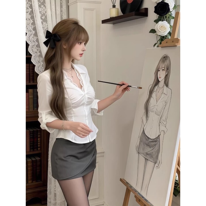 Plus-Size Pure Desire V-Neck Lace-Trimmed White Long-Sleeve Shirt for Women, 2026 Spring New Style, Waist-Cinching, Slim-Fit, Sexy Blouse