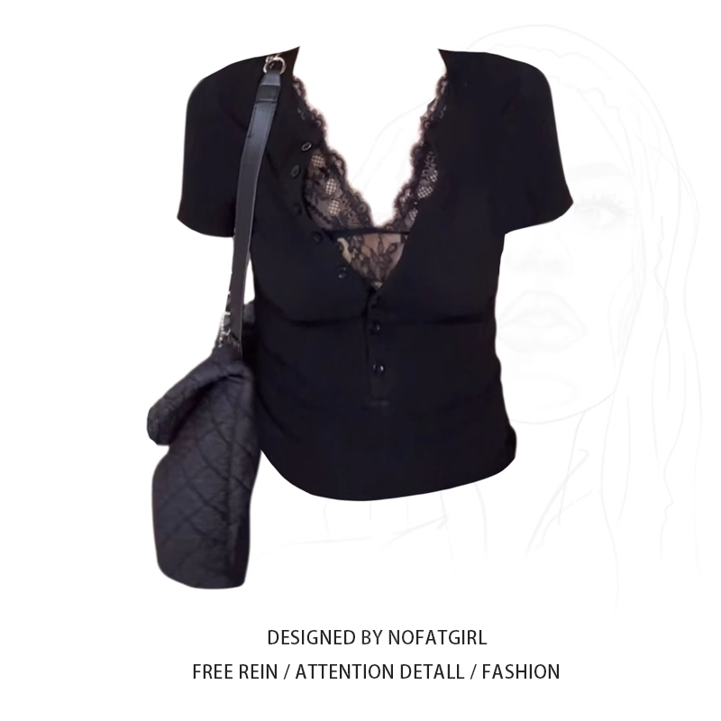 Plus-Size Sweet Girl Fake Two-Piece Lace Patchwork Short-Sleeve T-Shirt for Women, Summer Design, Slimming and Figure-Flattering Top