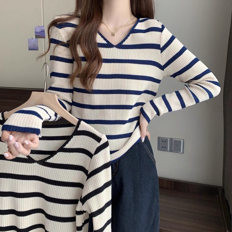Plus-Size Women's Knitwear Early Autumn New Long-Sleeve Striped V-Neck Fashionable Versatile Slimming Top for Chubby Girls
