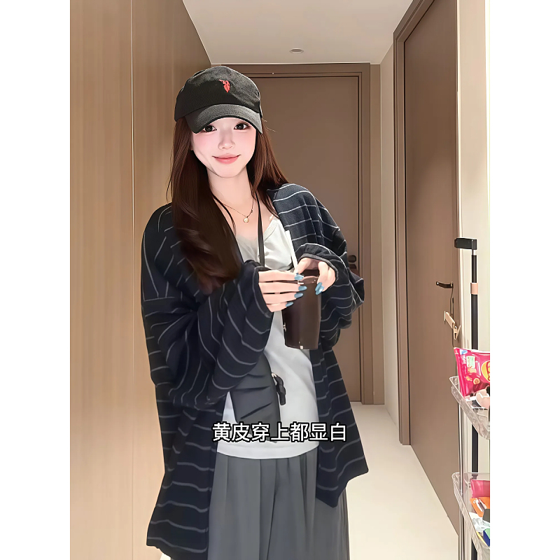 Plus-Size Korean-Style Lazy and Relaxed Style Versatile Striped Cardigan Long-Sleeve Jacket for Women, Early Autumn Slimming Versatile Top Plus-Size Korean-Style Lazy and Relaxed Style Versatile Striped Cardigan Long-Sleeve Jacket for Women, Early Autumn Slimming Versatile Top