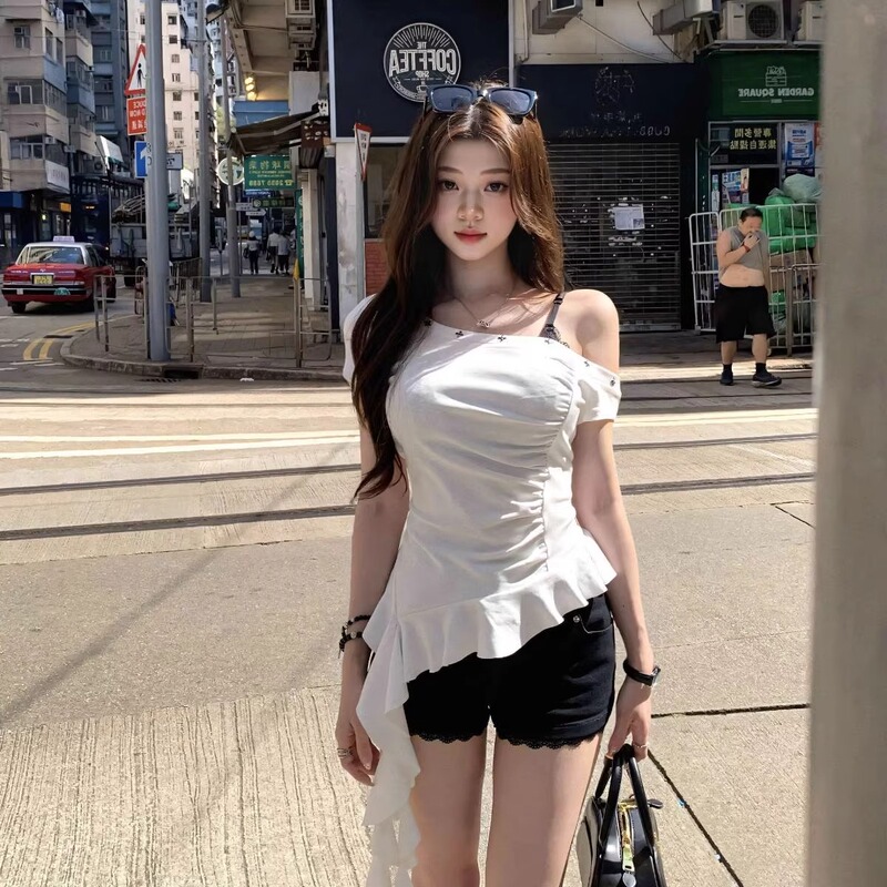 Plus Size Fat Girl American Style Spicy Girl Irregular Ruffle Ribbon Top Summer New Fashion High-End T-Shirt