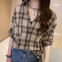 2021 Spring and Autumn new fat mm temperament long sleeve plaid shirt women loose size design style top casual shirt