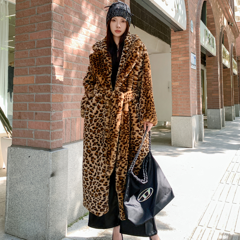Faux Fur Leopard Print Eco-Friendly Fur Long Loose Suit Collar Fur Coat Faux Rabbit Fur Over-The-Knee Coat with Lapel