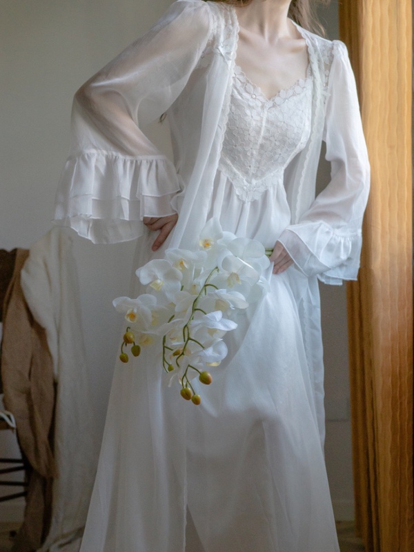 Nightingale French-Style Wedding Dressing Gown for Women, Bridal High-End Niche Light Wedding Dress, White Nightgown, Wedding Sleepwear Nightingale French-Style Wedding Dressing Gown for Women, Bridal High-End Niche Light Wedding Dress, White Nightgown, Wedding Sleepwear