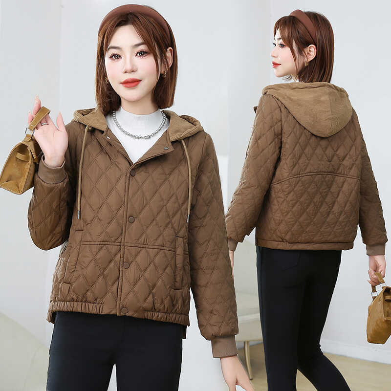 2025 New Hooded Cotton Coat for Women, Short Diamond-Pattern Versatile Cotton Jacket, Casual and Fashionable Petite Cotton Outerwear