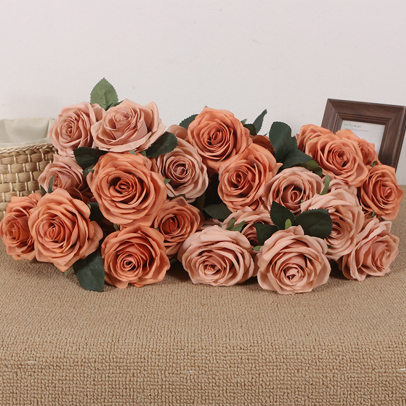 Liuou 10-Head Cappuccino Rose Artificial Bouquet Warm Autumn Color Retro Milk Coffee Color Hand-Held Photo Prop Fake Flowers