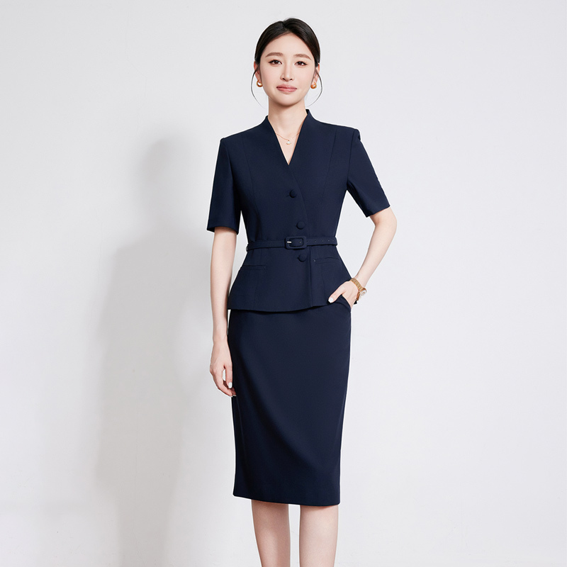 Boss Zhong Navy Blue Short-Sleeved Suit Set for Women 2026 Summer New Style Elegant Commuter Workwear Two-Piece Set