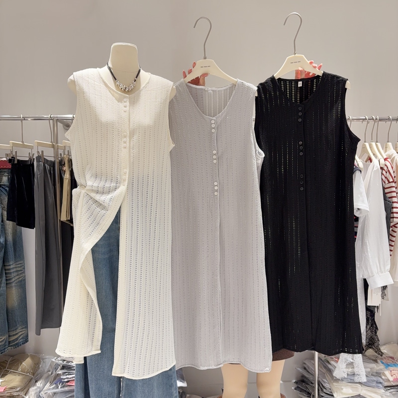 Spring and Summer Layered Vest Dress for Women, Stylish Mid-Length Slit Knit Cardigan Cover-Up Dress with Hollow Design