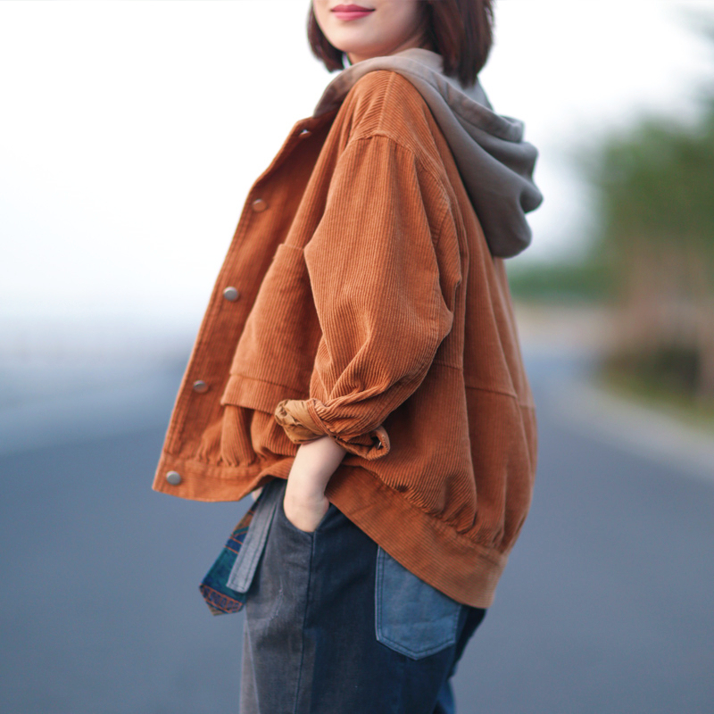 Pure Cotton Corduroy Artistic Retro Casual Hooded Color-Blocked Women's Plus-Size Loose Top Corduroy Jacket