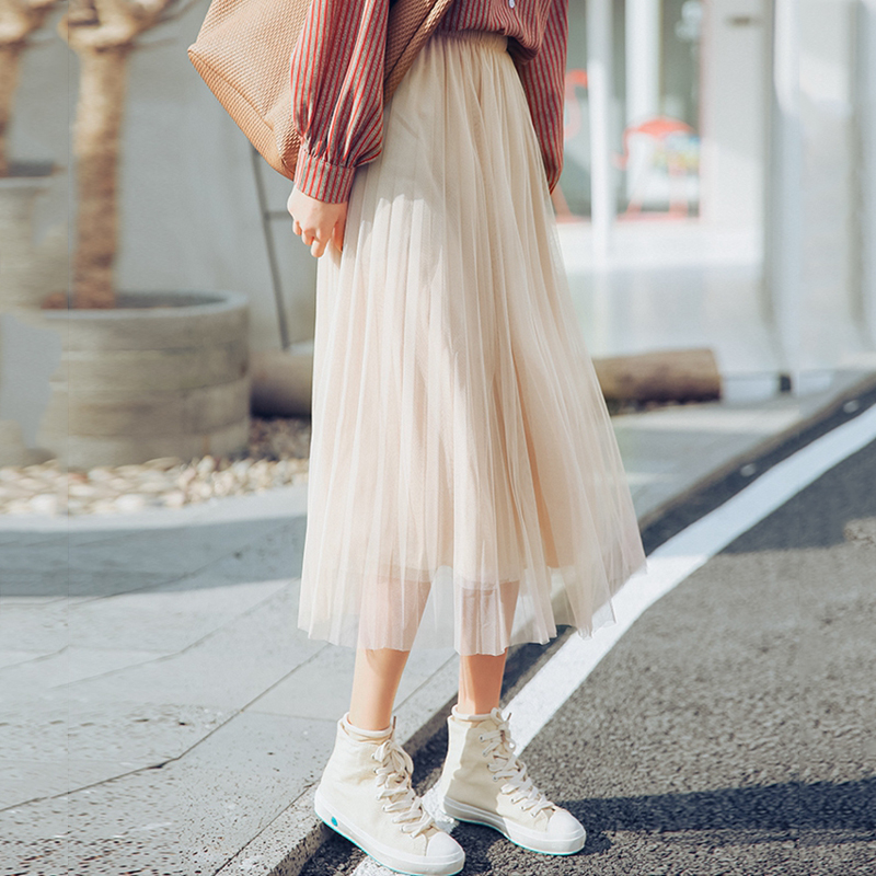 Fairy ngọt khí mùa thu và mùa đông eo cao váy váy tấm màn che mạng và phần dài pleated váy Một sinh viên váy đầu gối chân váy xòe dài qua gối