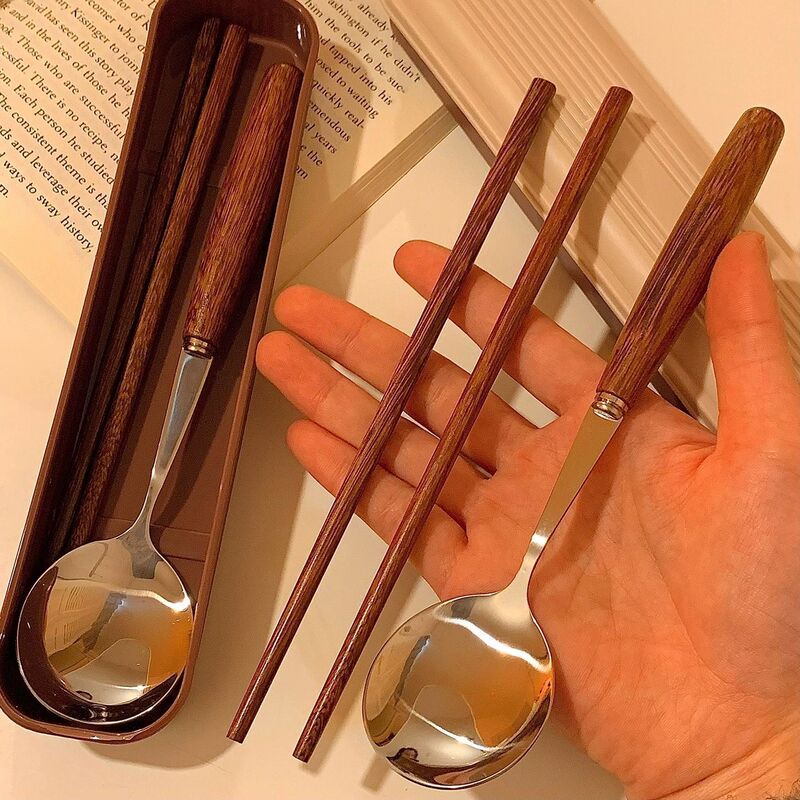 Caramel-Colored Imitation Chicken Wing Wood High-End Cylindrical Wooden Handle Chopsticks and Spoon Portable Cutlery Set for Students