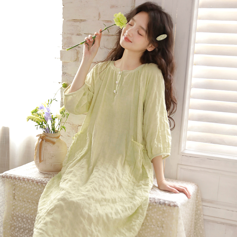 Summer Lazy Style Pure Cotton Gauze Nightgown for Women, Mid-Sleeve, Round Neck, Thin Home Wear, Air-Conditioned Room Pajamas, Loose Long Dress Summer Lazy Style Pure Cotton Gauze Nightgown for Women, Mid-Sleeve, Round Neck, Thin Home Wear, Air-Conditioned Room Pajamas, Loose Long Dress