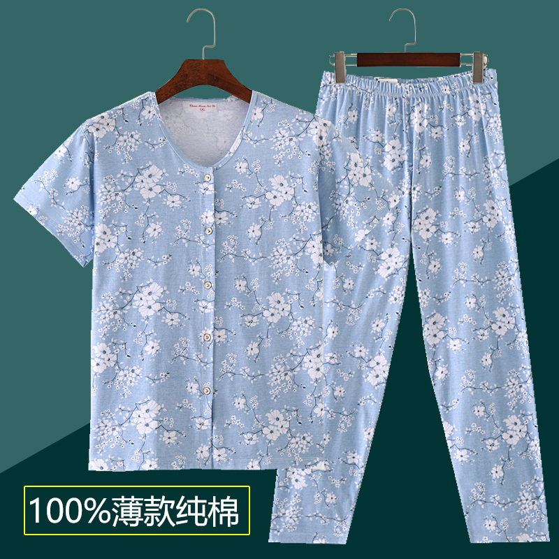 Summer Cotton Short-Sleeve Cardigan Pajamas for Middle-Aged and Elderly Women, Loose Thin Home Wear, Button-Front Sweatshirt for Elderly Ladies
