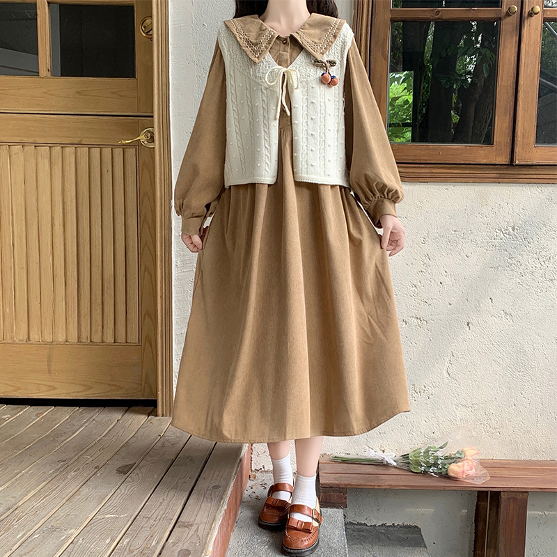 Sweet College Wind Dolls Collar Dress Collar Dress 12 Year Old Woman Great Boy Autumn Winter Dress Korean Version 15 Students Mid-Length Suit Skirt-Taobao