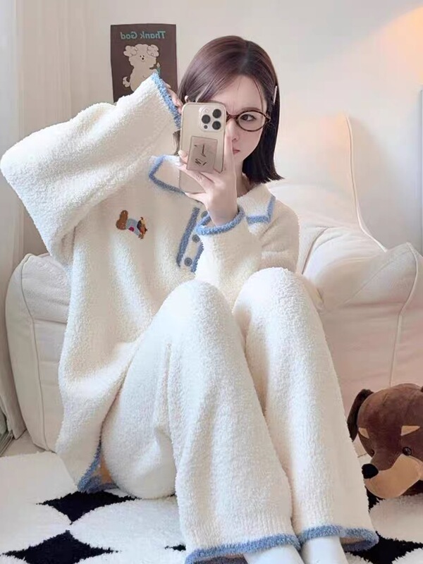 Cute Puppy Lapel Soft Knit Half-Velvet Pajamas for Women, Autumn and Winter Warm, Can Be Worn Outside, Home Wear Set, Thick