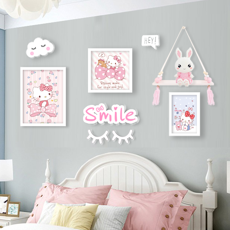 ins Nordic girl heart KT cat framed decorative wall painting hello kitty pink princess girl bedroom room painting