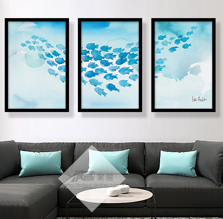Nordic Wind Blue Fish Living Room Decoration Painting Mediterranean Sofa Background Wall Hanging Painting For Long Time Fish Composition Triptych