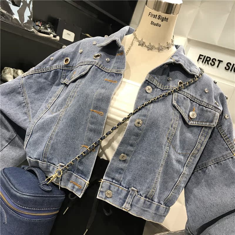 Cái nhìn đầu tiên! Mùa thu Công nghiệp nặng Kim cương Openwork Ve áo dài tay Áo khoác denim Áo khoác lửng BF Gió Áo khoác thông thường áo khoác dạ nữ