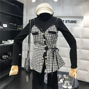 Mùa thu đông 2018 quý cô mới mặc sling houndstooth kim loại khóa thắt eo eo mỏng vest hàng đầu