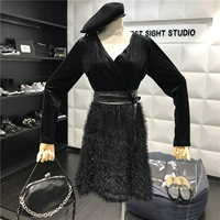 Mùa thu và mùa đông retro ladies gió sexy V-Cổ nhung dài tay khâu lông cao eo dây đeo thắt lưng tráng slim dress váy nữ đẹp