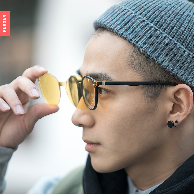 enson9 ultra-light round frame night vision polarized sunglasses for men and women double removable dual-use with myopia tide sunglasses