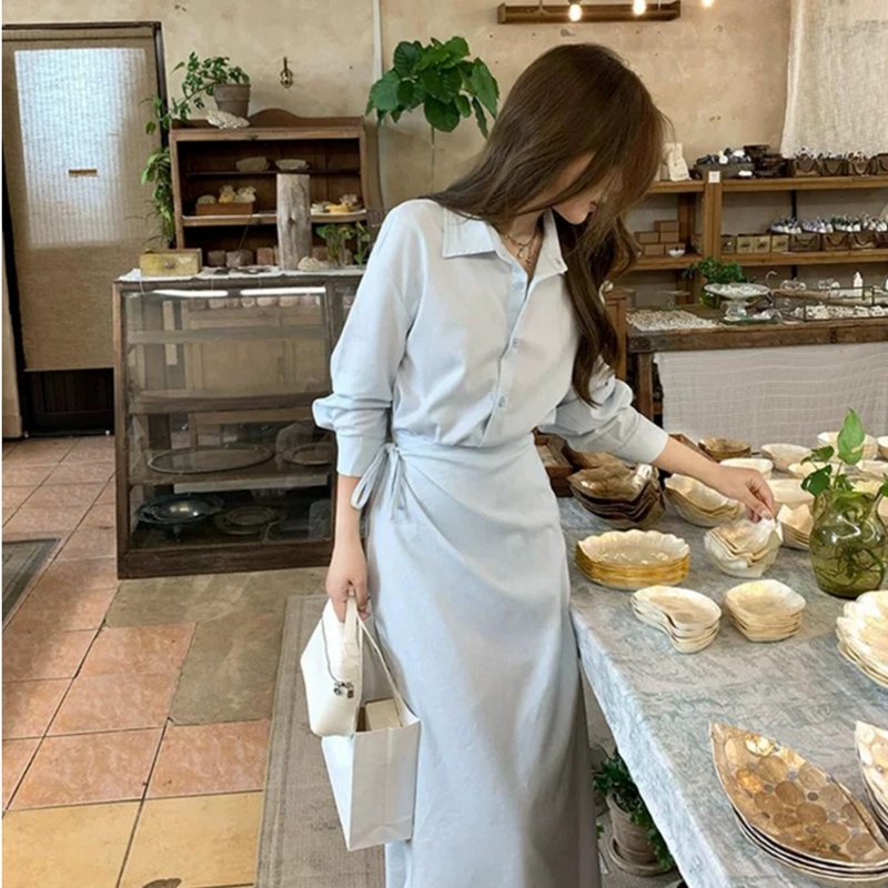 Design-Focused, Unique Two-Piece Style Blue Shirt Dress for Women, Spring and Autumn 2026 New Model, Waist-Cinching, Slimming Long Dress