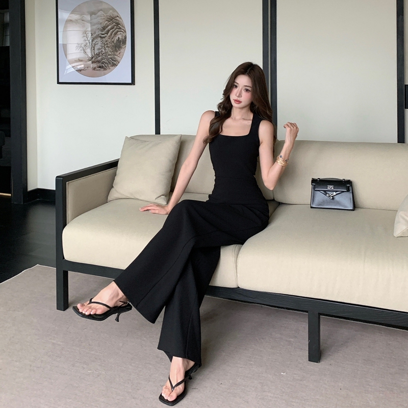 Elastic Ruffled U-Neck Sleeveless Jumpsuit High-Waisted Elegant Wide-Leg Pants Overalls Backless Romper for Women Summer
