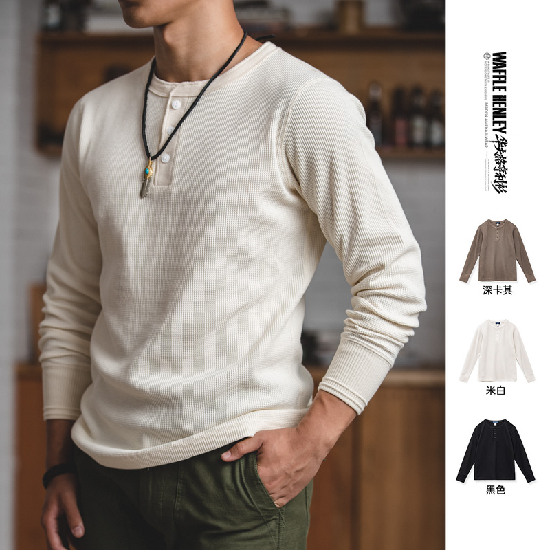 Madden Workwear American Retro Heavyweight Regular Shoulder Waffle Knit Cleanfit Henley Collar Long-Sleeve T-Shirt for Men Autumn
