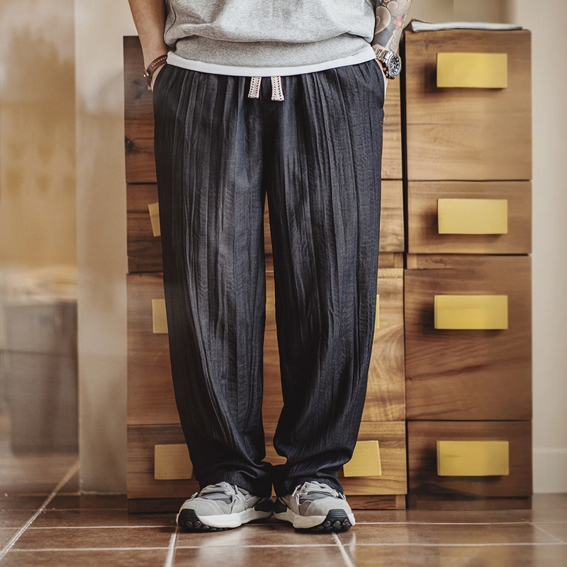 Madden Workwear American Casual Water Ripple Pleated Meditation Pants Japanese Style Relaxed Cityboy Casual Pants for Men Spring and Summer