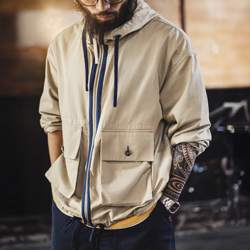 Madden Workwear American Retro Multi-Pocket Jacket Pure Cotton Canvas Khaki Stand Collar Hooded Thin Coat for Men Spring