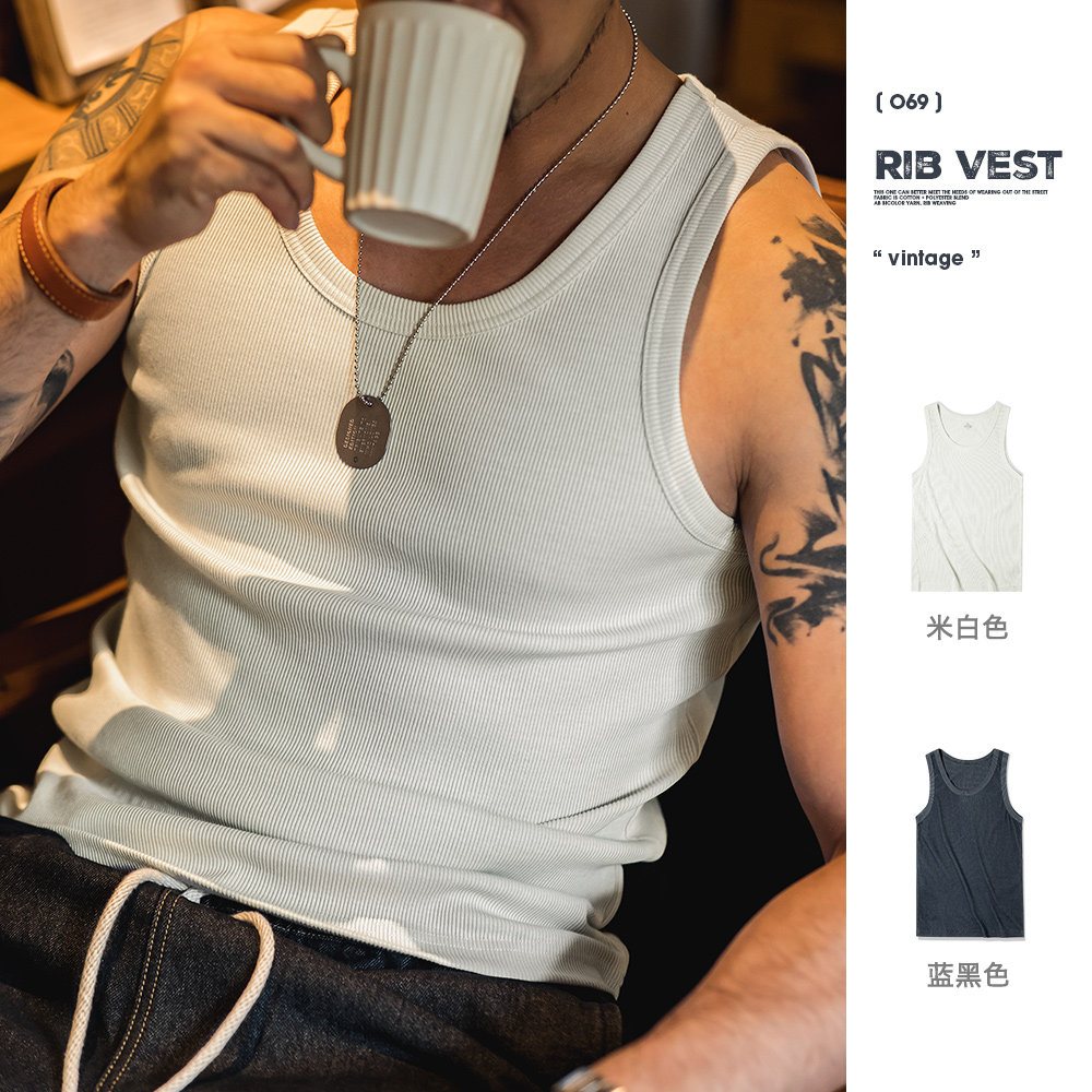 Maden overalls retro pure color Thunder sleeveless cotton vest T-shirt Sport Fitness Outdoor wearing undershirt male summer-Taobao