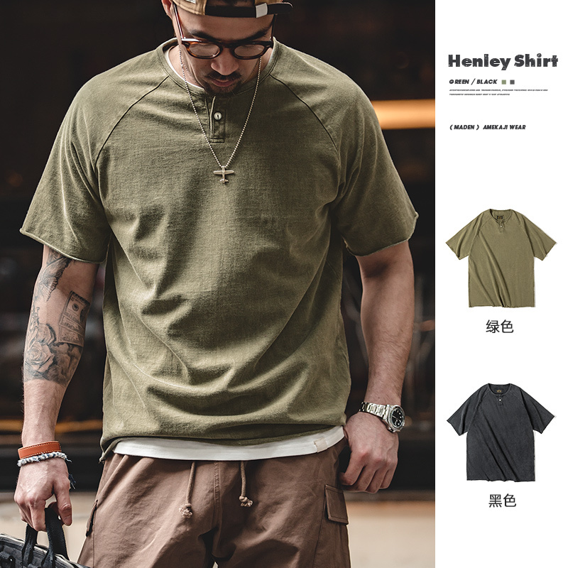 Madden Workwear American Retro Henley Collar Physical Training Short Sleeve Shirt Khaki American Tough Guy T-Shirt Men's Summer Madden Workwear American Retro Henley Collar Physical Training Short Sleeve Shirt Khaki American Tough Guy T-Shirt Men's Summer