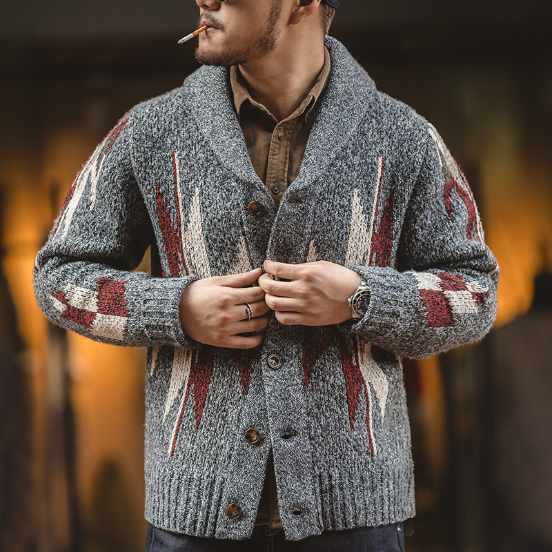 Madden Workwear American-Style Cardigan with a Green Fruit Collar, Indian-Style Lapel, Thick Knitted Jacket, Navajo Men's Autumn Wear Madden Workwear American-Style Cardigan with a Green Fruit Collar, Indian-Style Lapel, Thick Knitted Jacket, Navajo Men's Autumn Wear