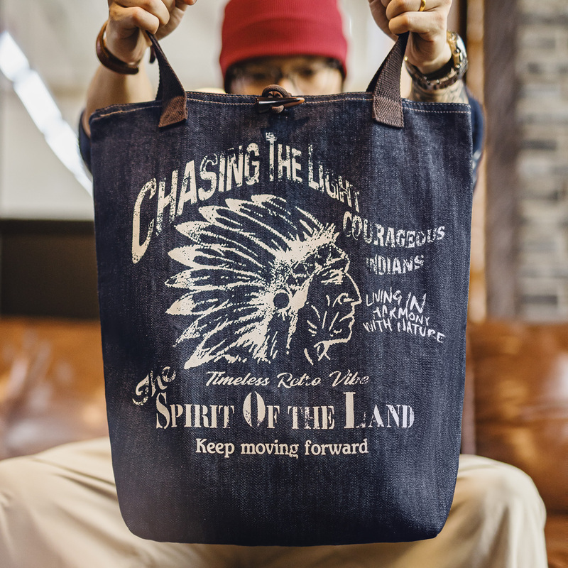 Madden Workwear American Retro Denim Large-Capacity Tote Bag Denim Commuter Shoulder Bag Distressed Handbag for Men