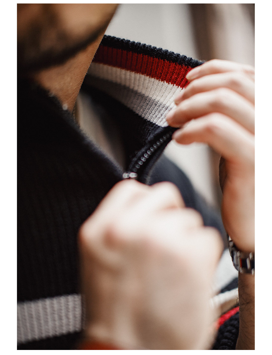 MADEN Striped Half-Zip Heavyweight Knit Sweater