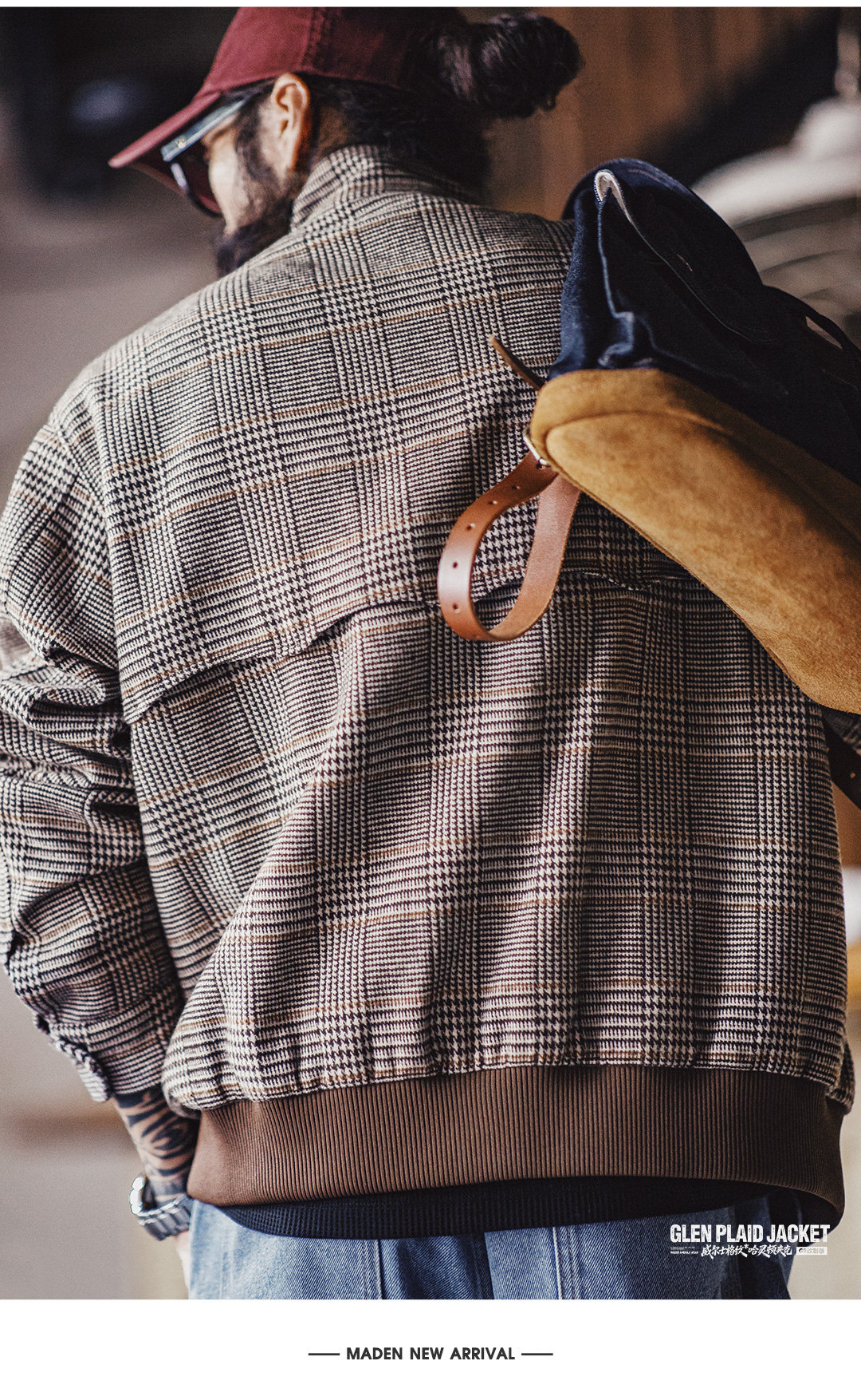 MADEN Houndstooth Stand Collar Harrington Jacket