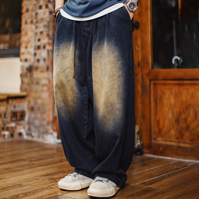 Madden Workwear American-Style Lyocell Washed Vintage Distressed Jeans Loose Heavy-Duty High-Street Wide-Leg Pants for Men Summer