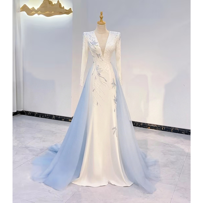High-End and Elegant Host Dress for Solo Folk Singing Performance, Long Slim-Fit Singing Performance Stage Outfit for Female Art Exam Candidates
