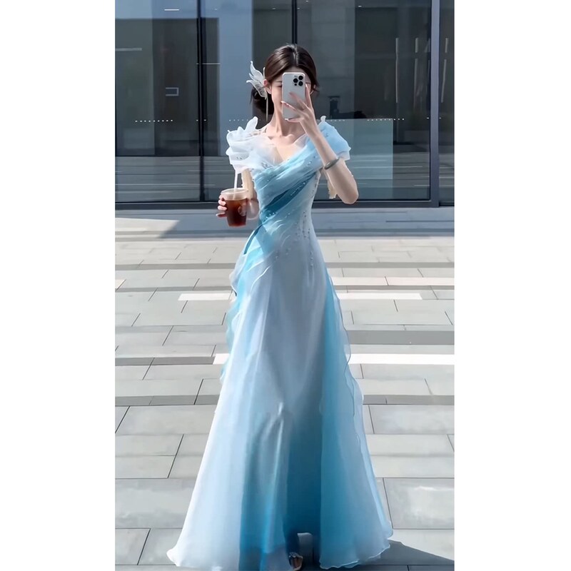 Blue Ethnic Vocal Music Annual Meeting Host Dress 2026 New High-End Light Luxury Guzheng Performance Evening Dress