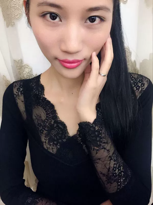 Quần lót nữ dày cộng với nhung đơn mảnh cổ thấp chạm đáy áo sơ mi cổ chữ V ren dài tay áo bó sát cơ thể bụng